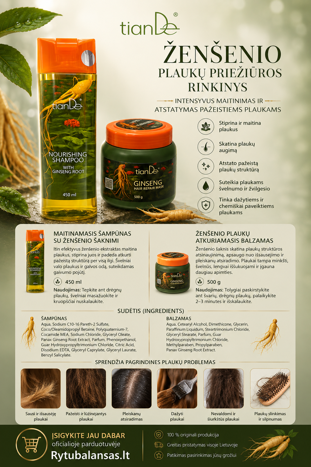 TianDe ženšenio plaukų priežiūros rinkinys, šampūnas 450g. balzamas 500g. - Image 2