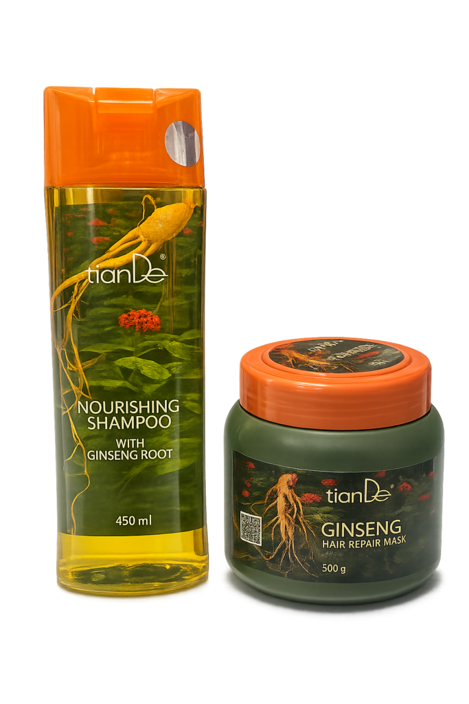 TianDe ženšenio plaukų priežiūros rinkinys, šampūnas 450g. balzamas 500g.