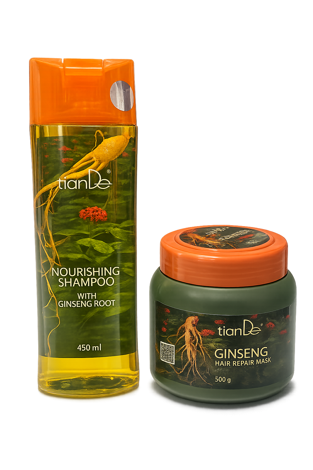 TianDe ženšenio plaukų priežiūros rinkinys, šampūnas 450g. balzamas 500g.
