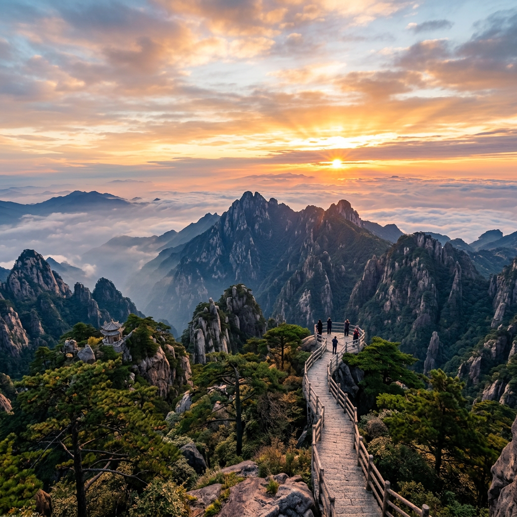 Stone path with railings leading to viewpoint on mountain ridge at sunrise